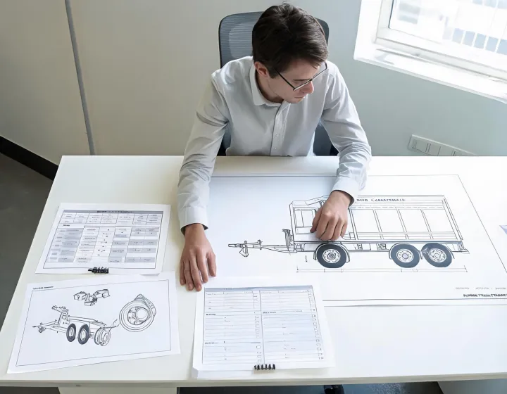Trailer procurement specialist reviewing axle and body specifications